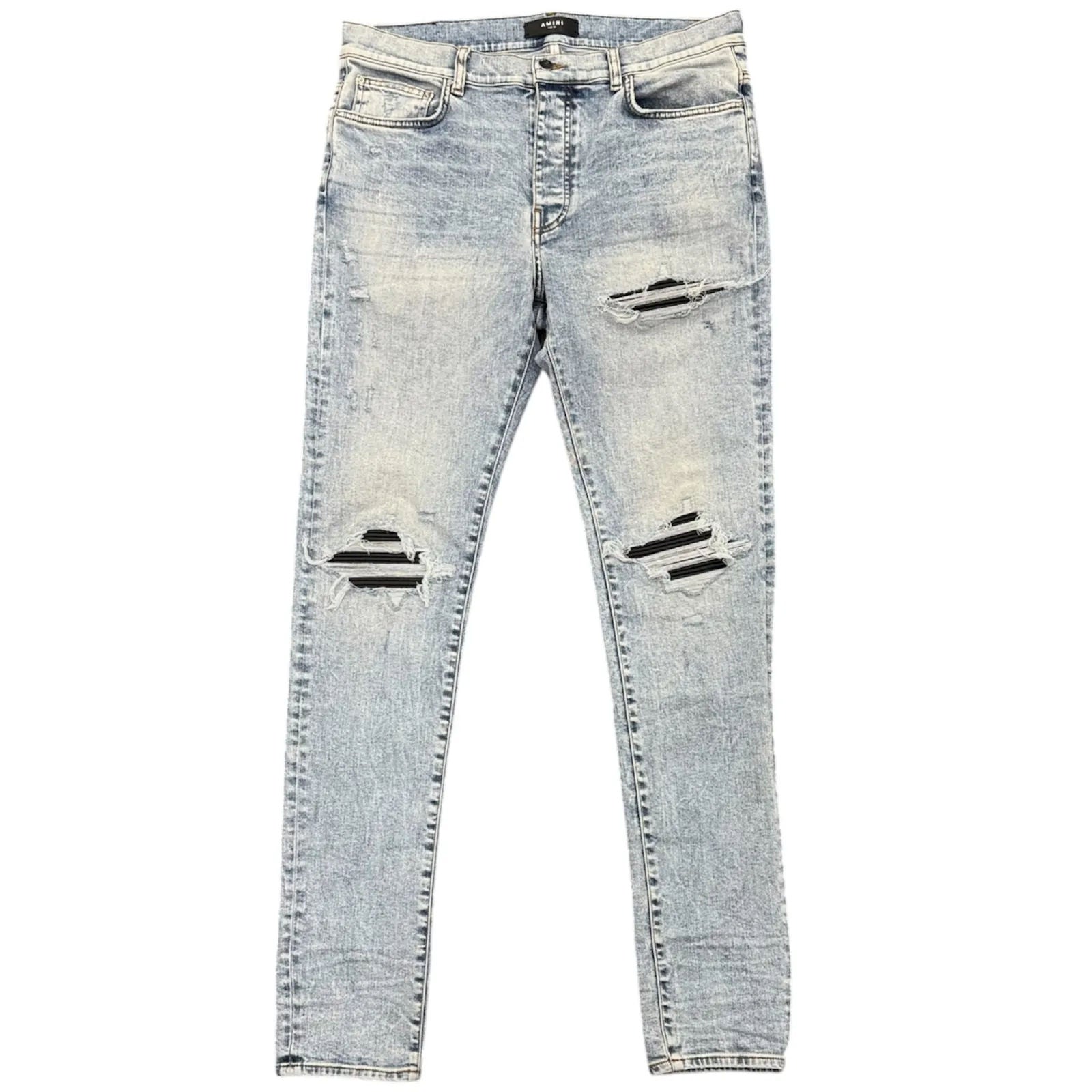 Amiri MX1 Black Leather Patch Jeans (Clay Indigo) - Preowned
