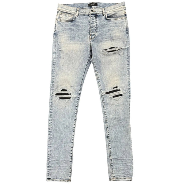 Amiri MX1 Black Leather Patch Jeans (Clay Indigo) - Preowned