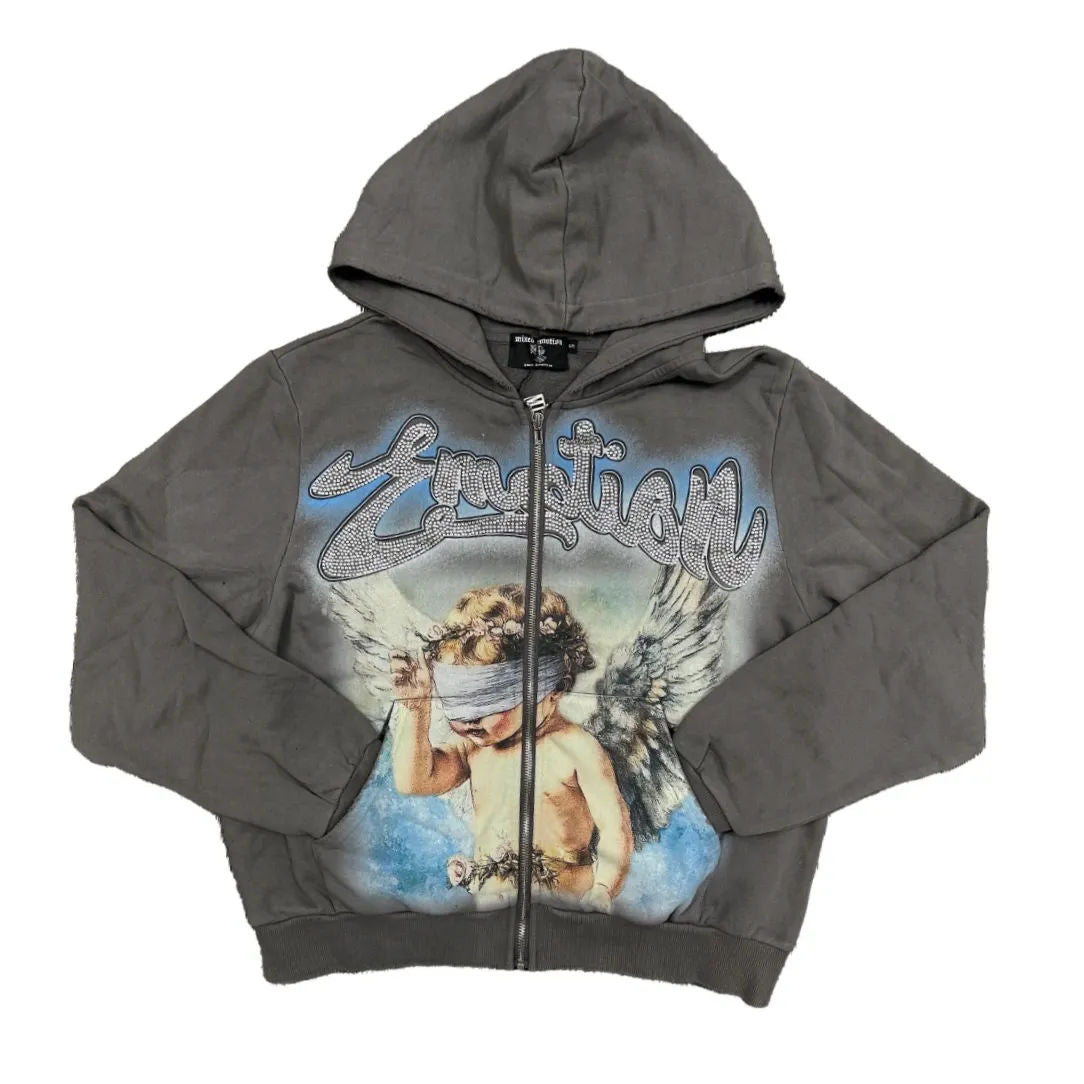 Mixed Emotion Rhinestone Hoodie (Grey) - Preowned