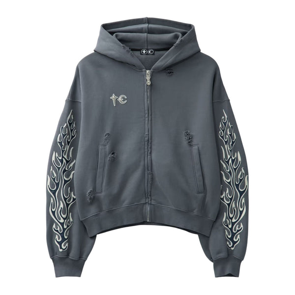 Thug Club Leather Flame Hooded Zip-Up (Grey) - Preowned
