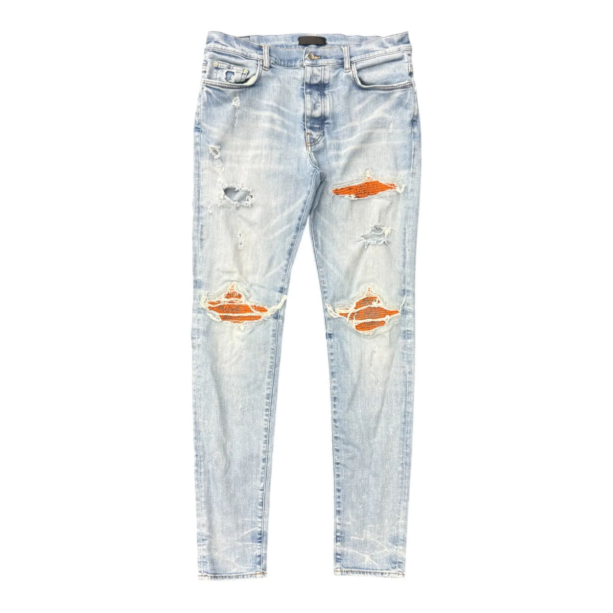 Amiri MX1 Orange Cracked Leather Patch Jeans (Clay Indigo) - Preowned