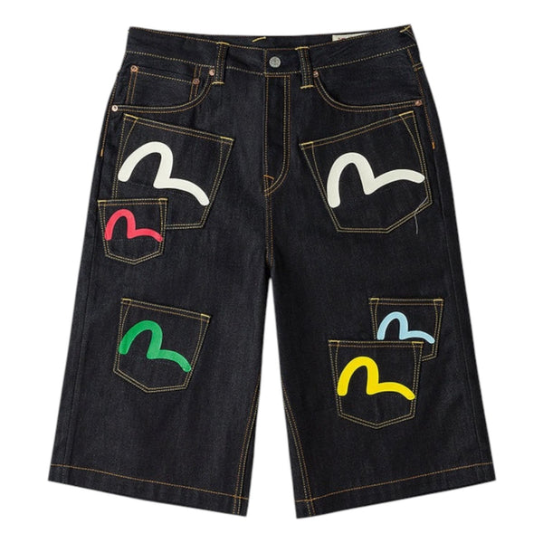 Evisu Seagull Print Multi-Pocket Denim Shorts (Indigo)