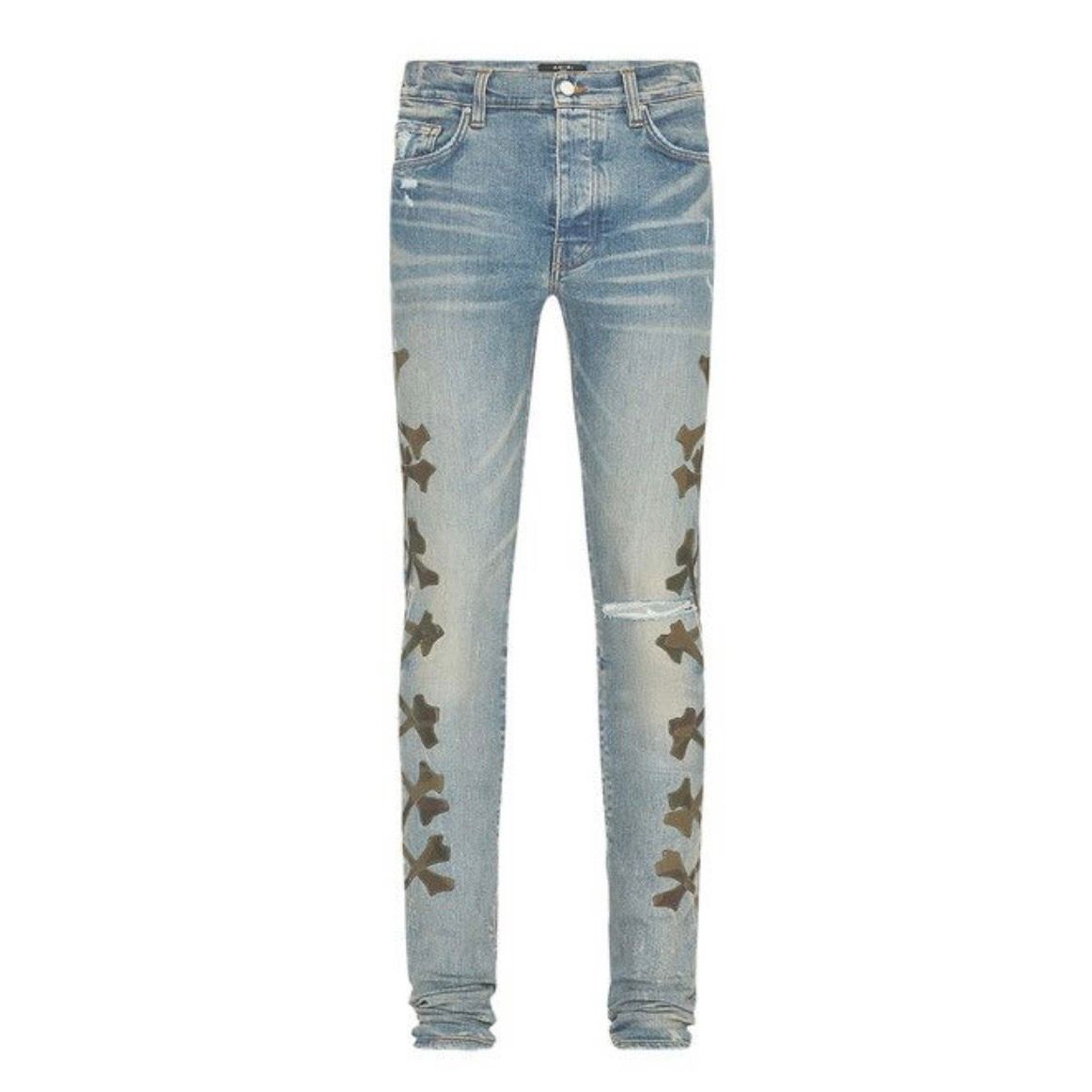Amiri Camouflage Bones Applique Distressed Jeans (Blue)