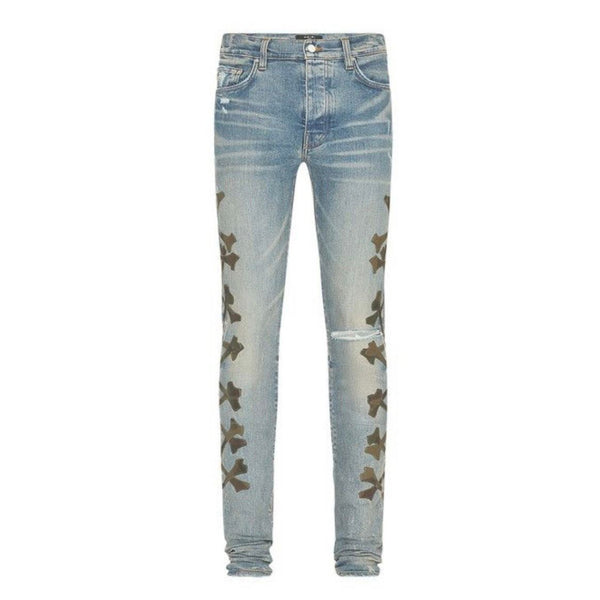 Amiri Camouflage Bones Applique Distressed Jeans (Blue)