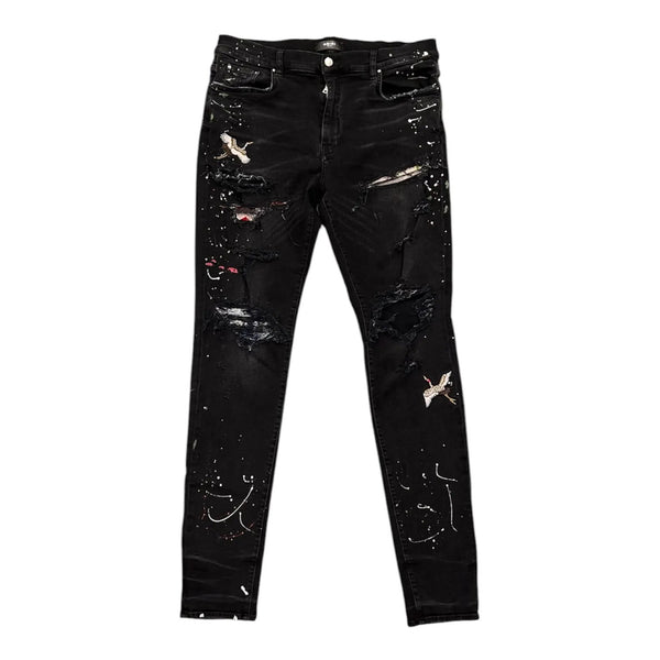 Amiri Aged Black Bird Art Pach Jean  - Preowned