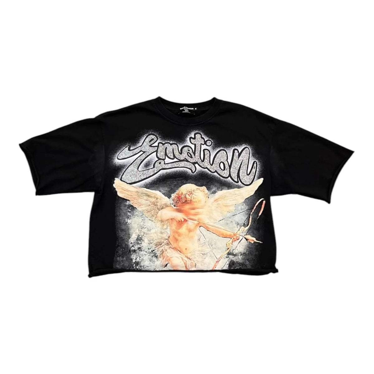 Mixed Emoton Rhinestone Cropped Tee (Black) - Preowned