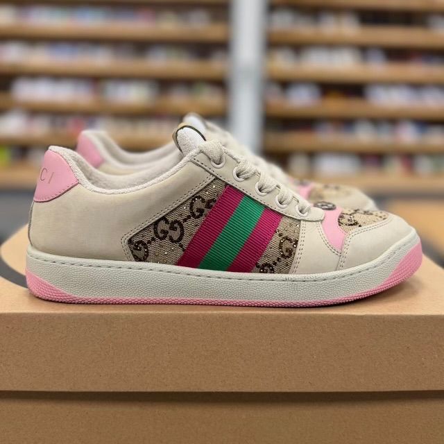 Gucci Screener GG Canvas Crystal Sneakers (White/Pnk) - Preowned