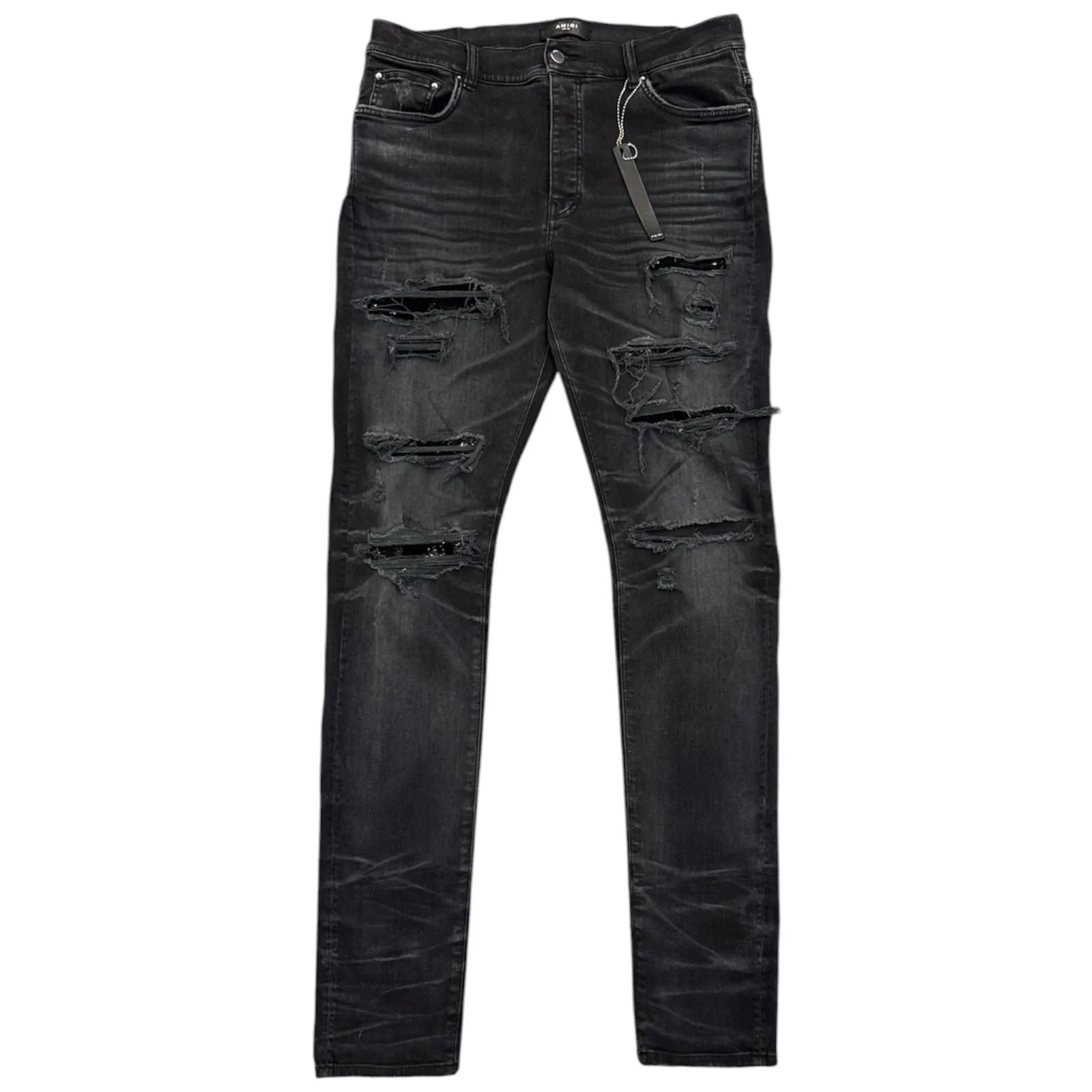 Amiri Distressed Sequined Patch Skinny Jean (Black) - Preowned