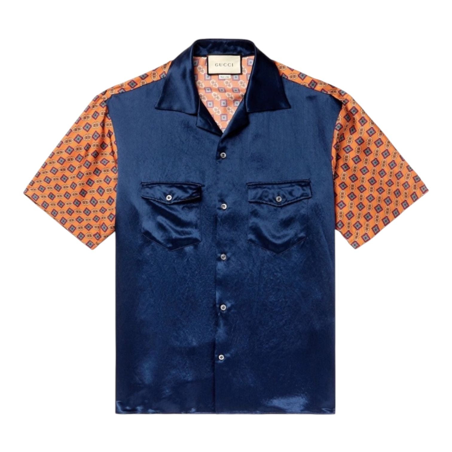 Gucci Camp Collar Satin Printed Silk Twill Shirt (Navy) - Preowned
