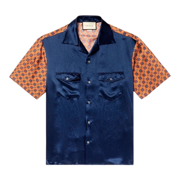 Gucci Camp Collar Satin Printed Silk Twill Shirt (Navy) - Preowned