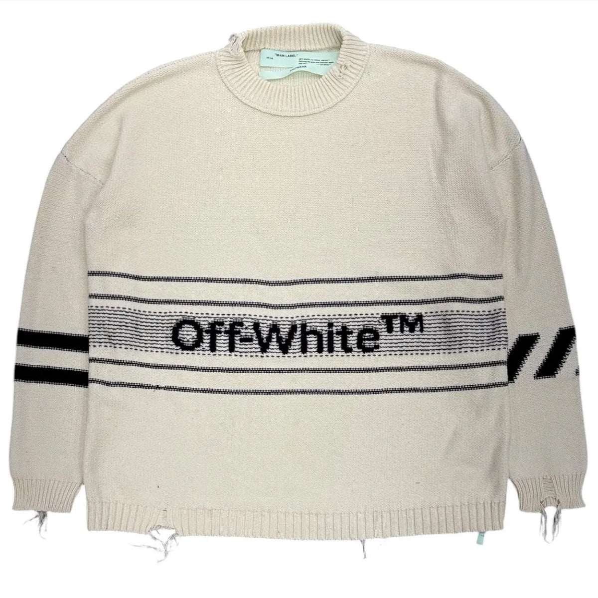 Off-White Distressed Logo Intarsia Sweater (Cream/Black) - Preowned