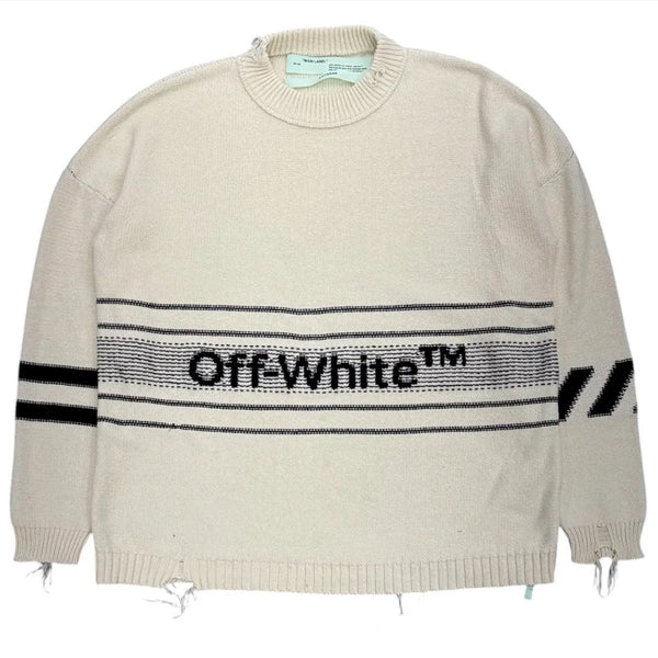 Off-White Distressed Logo Intarsia Sweater (Cream/Black) - Preowned