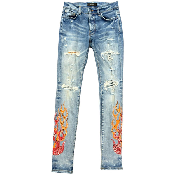 Amiri Bandana Flame Patch Jeans (Clay Indigo/Multi) - Preowned