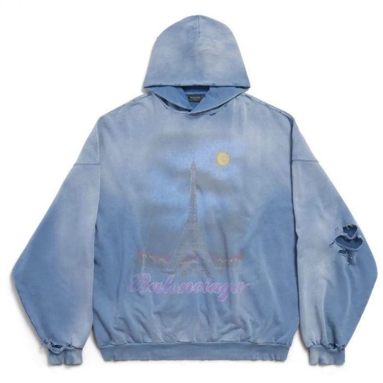 Balenciaga Paris Moon Faded Hoodie (Blue) - Preowned
