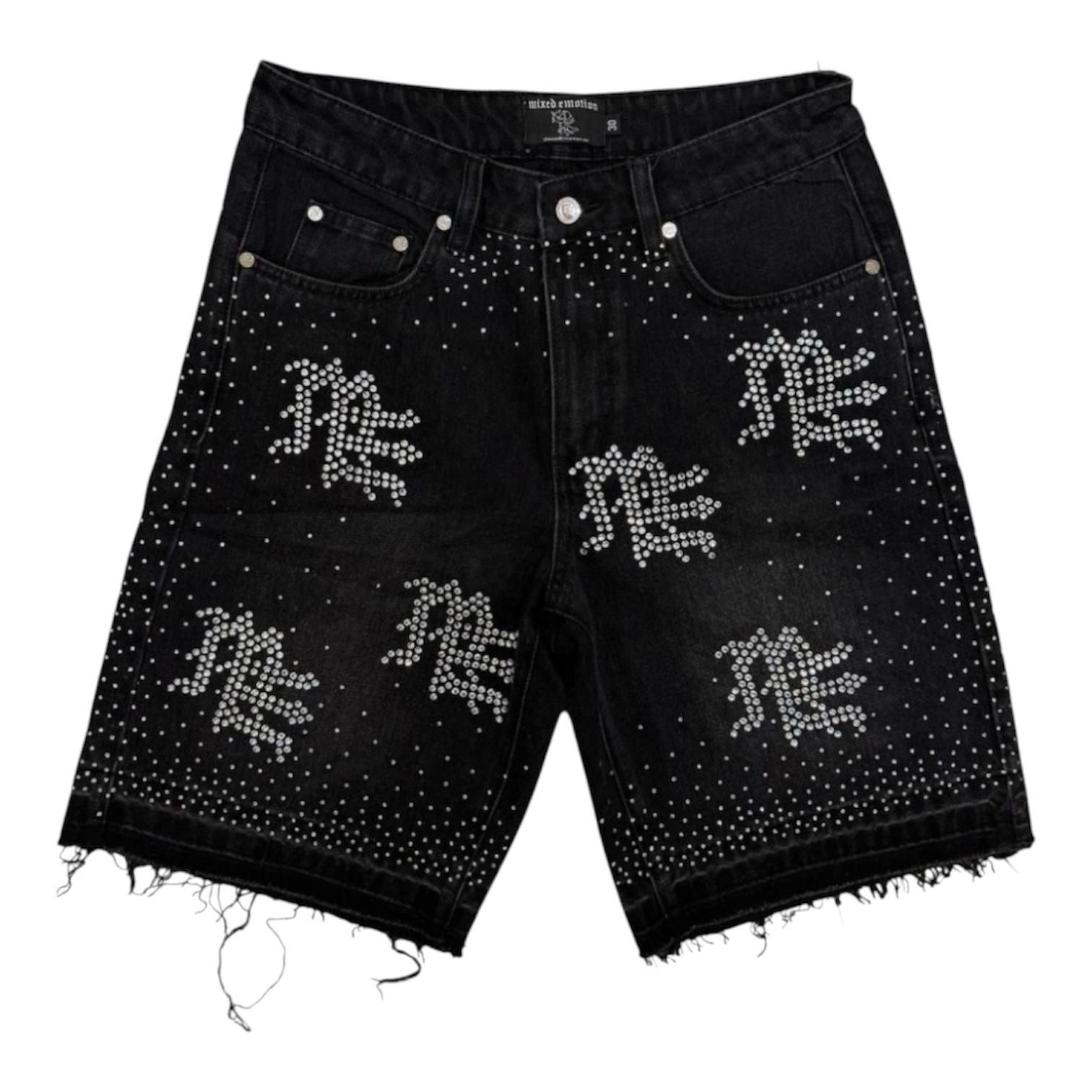 Mixed Emotion ME Rhinestone Denim Shorts (Black)