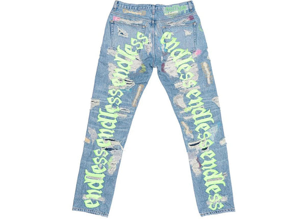 Vlone x Endless Embroidered and Distressed Denim Jeans Neon Green (Tailored) - Preowned