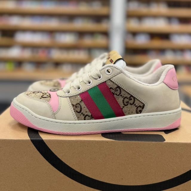 Gucci Screener GG Canvas Crystal Sneakers (White/Pnk) - Preowned