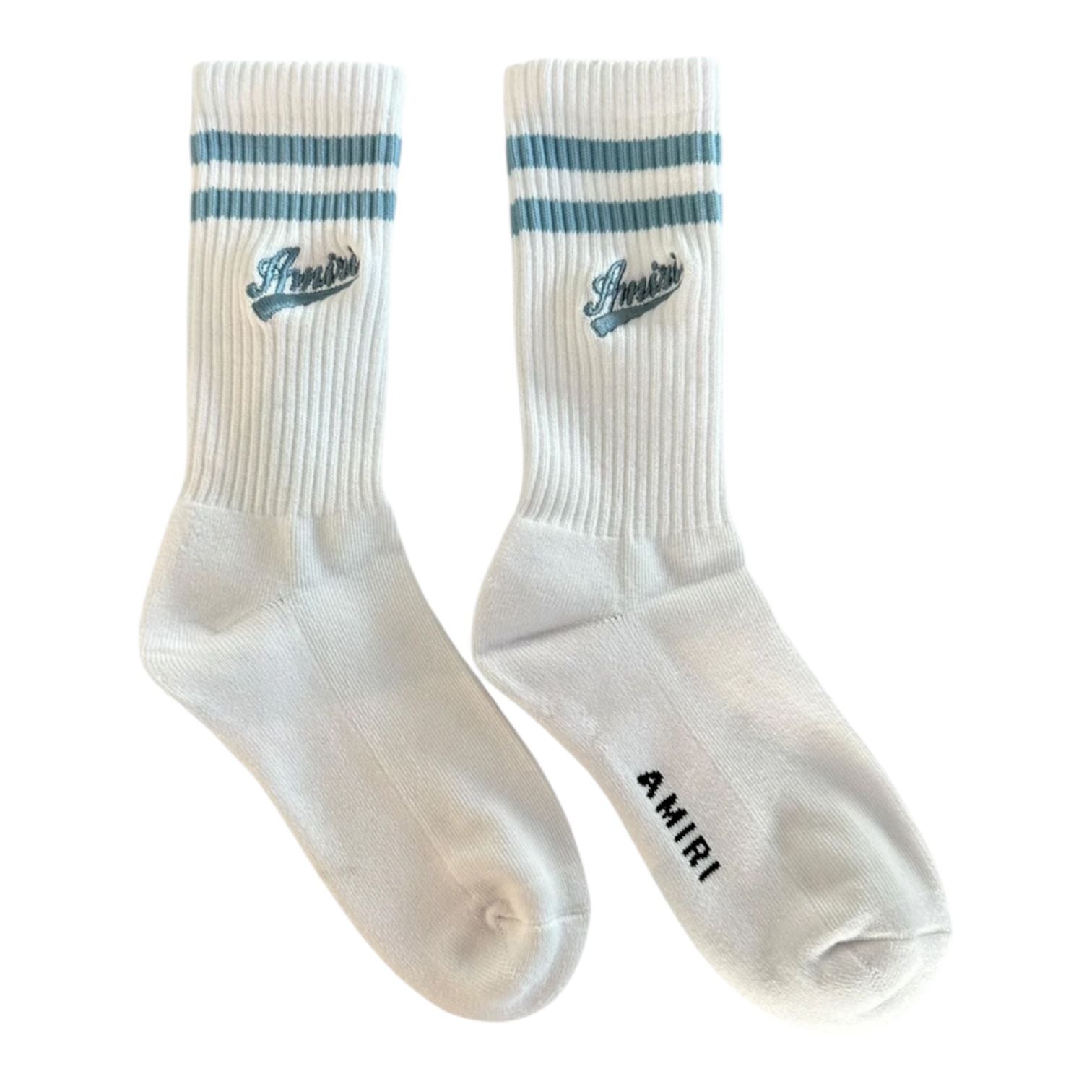 Amiri Emboridered Varsity Script Logo Socks (White/Blue)
