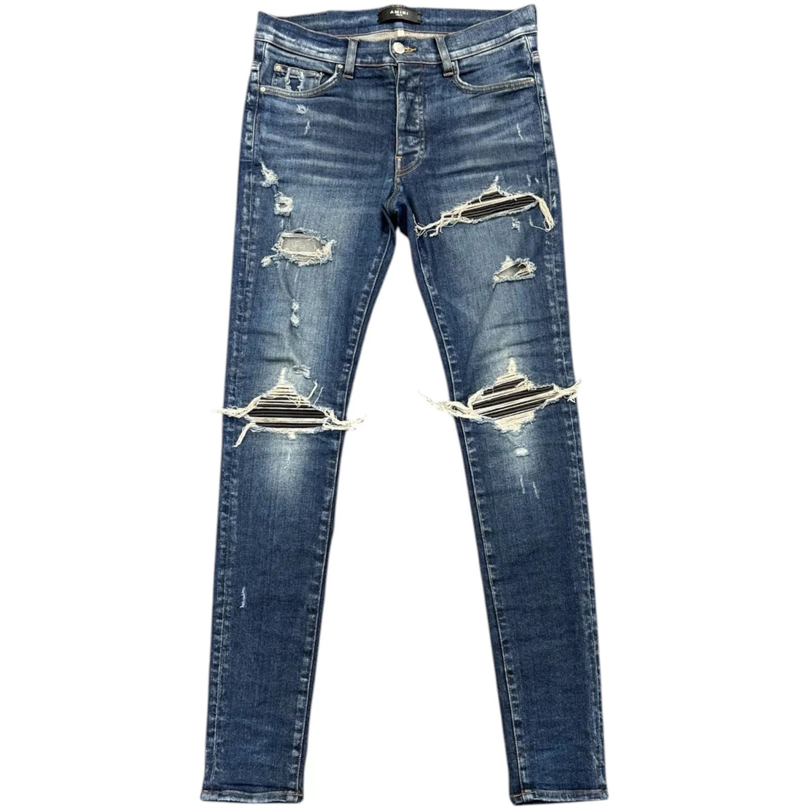 Amiri Mx1 Black Leather Patch Jeans (Inidgo) - Preowned